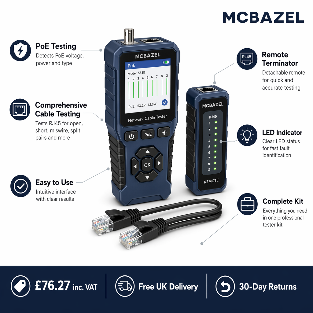 MCBAZEL Mcbazel Network Cable Tester, Poe Ethernet-Cable Tester Kit feature callout infographic