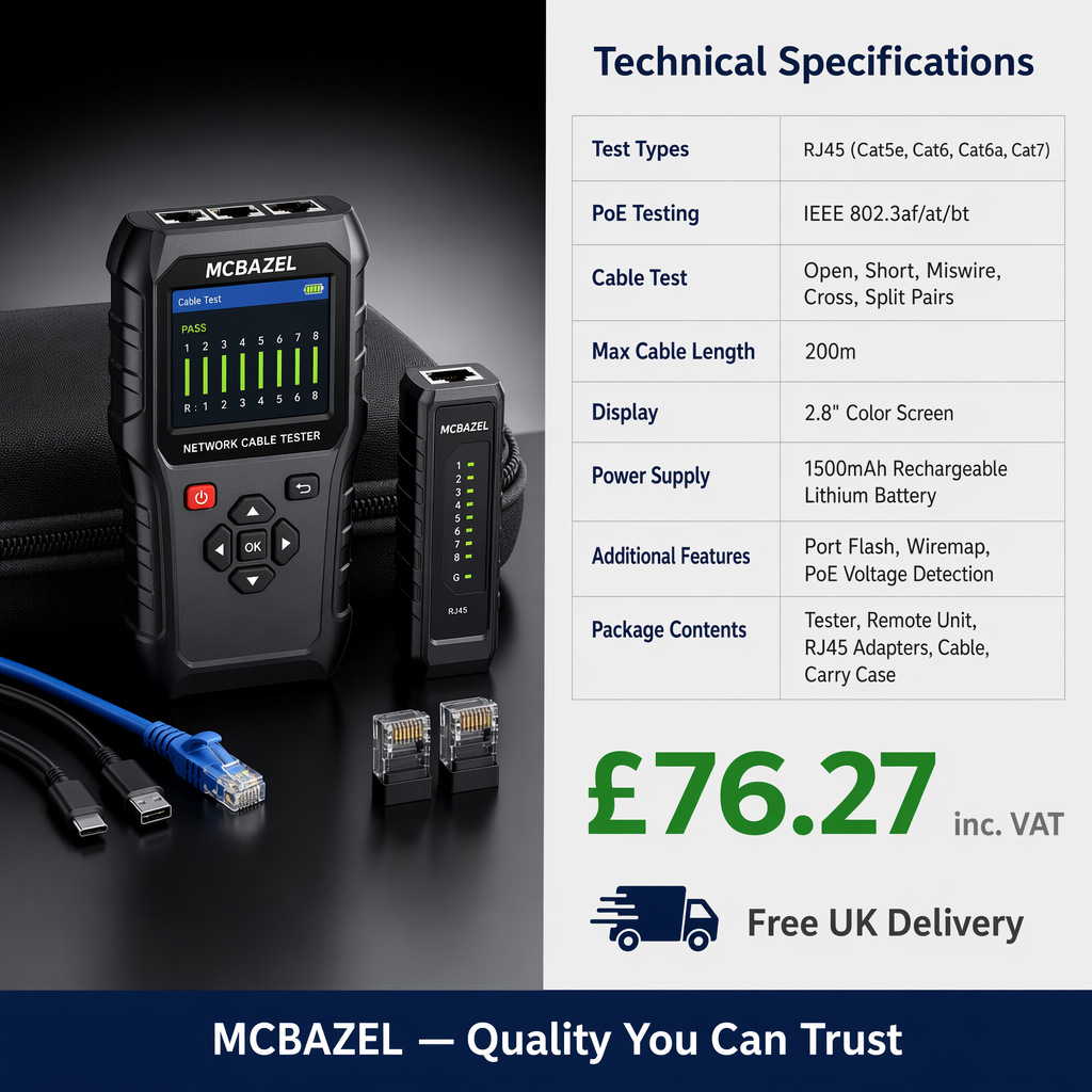 MCBAZEL Mcbazel Network Cable Tester, Poe Ethernet-Cable Tester Kit specifications card