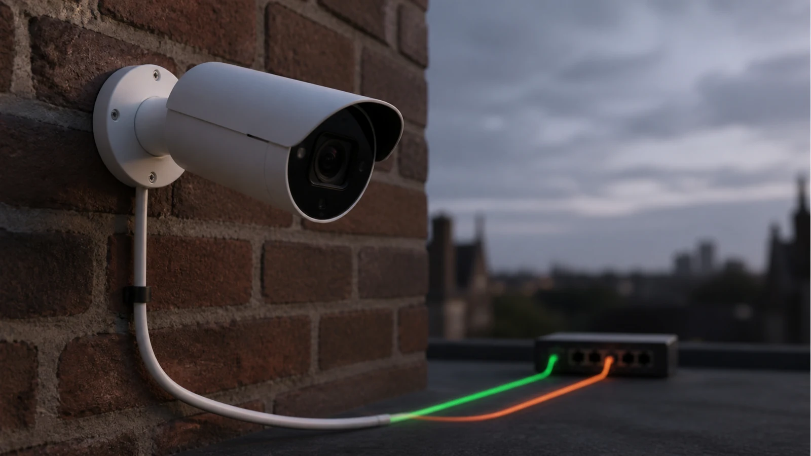 UK CCTV camera on brickwork illustrating 802.3af versus 802.3at PoE power class choice