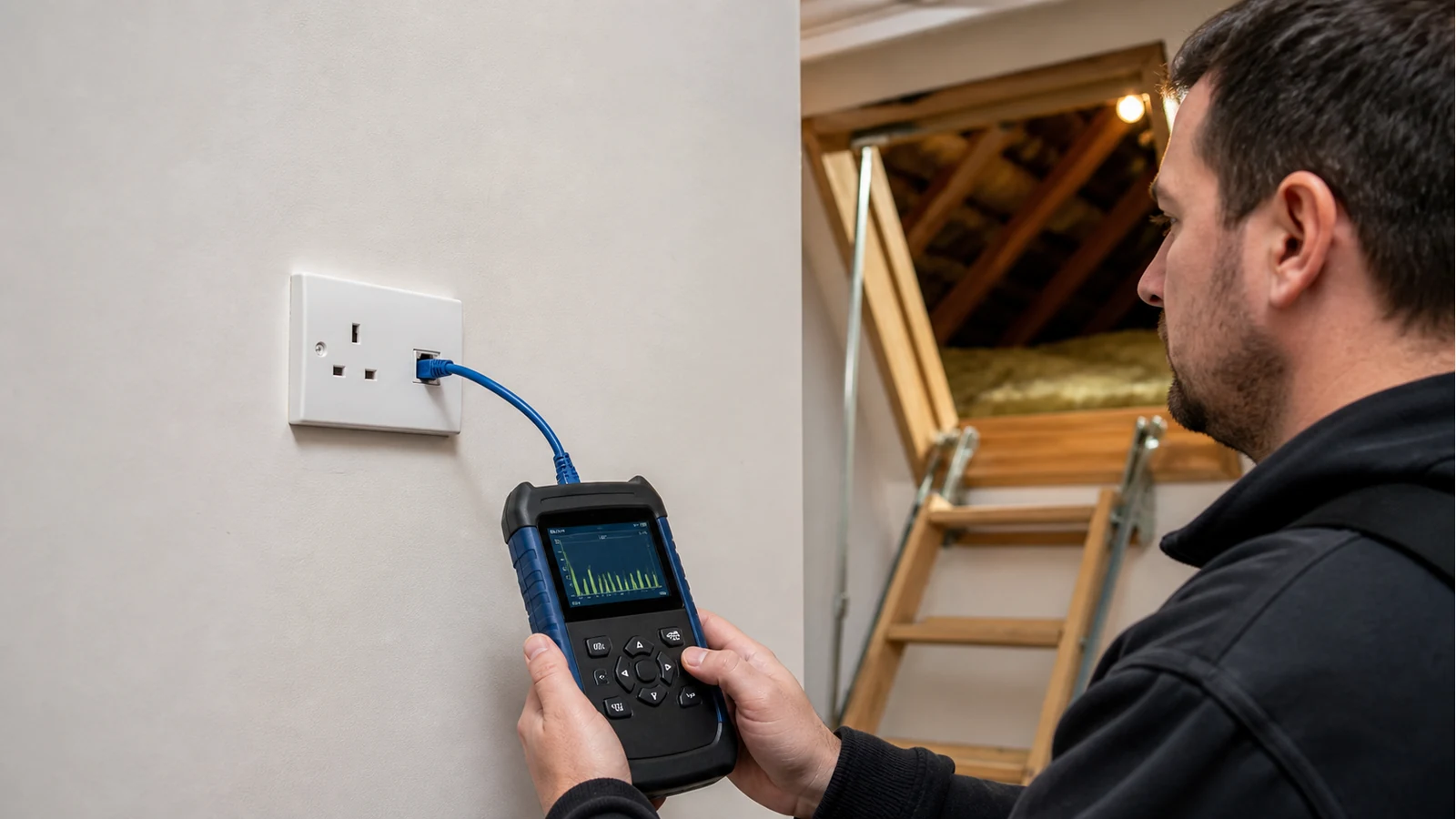 Technician measuring an in-wall Ethernet run length from a UK wall plate with a handheld cable tester