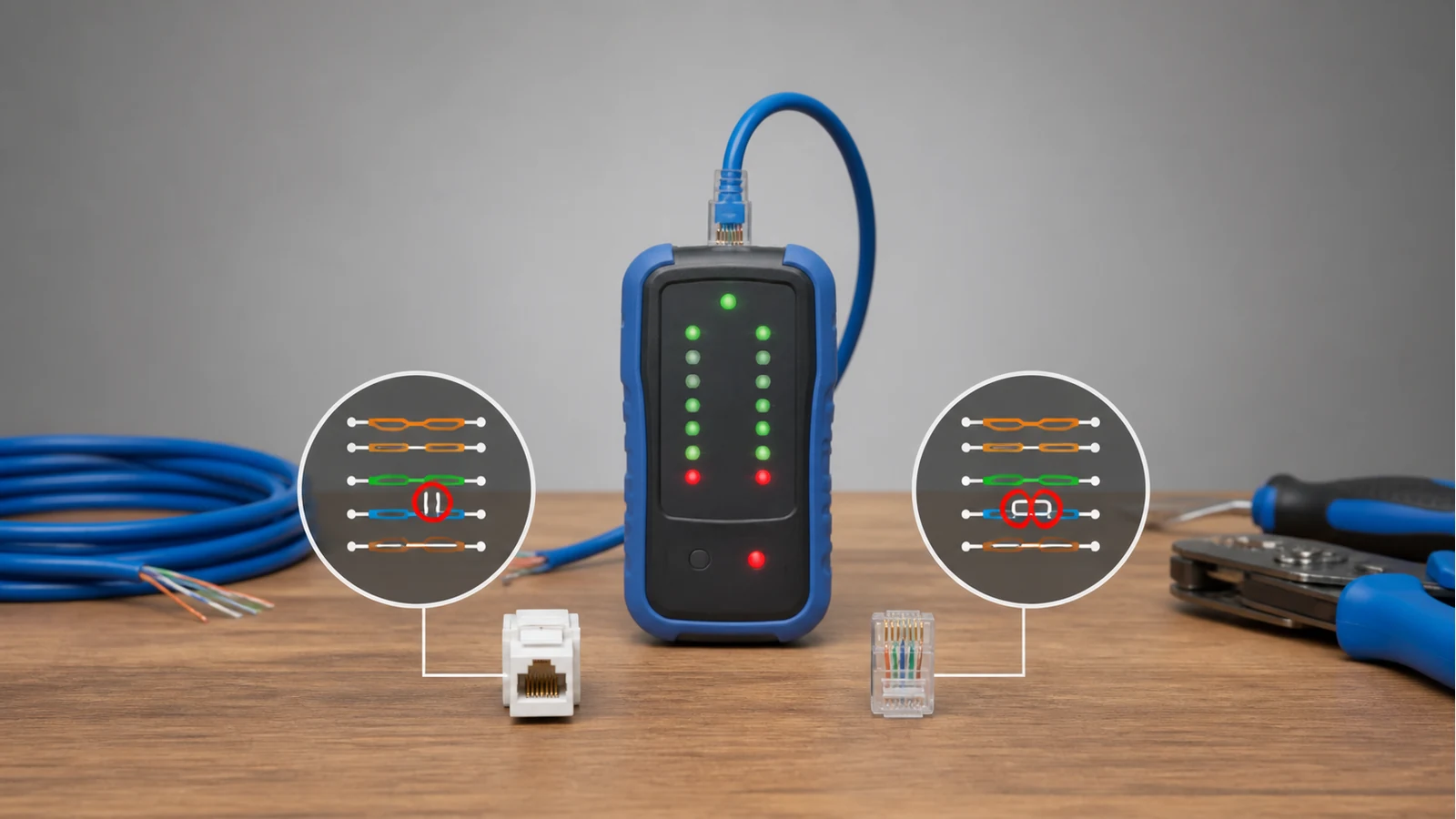 Wiremap checklist scene showing Ethernet open versus short fault diagnosis tools on a workbench