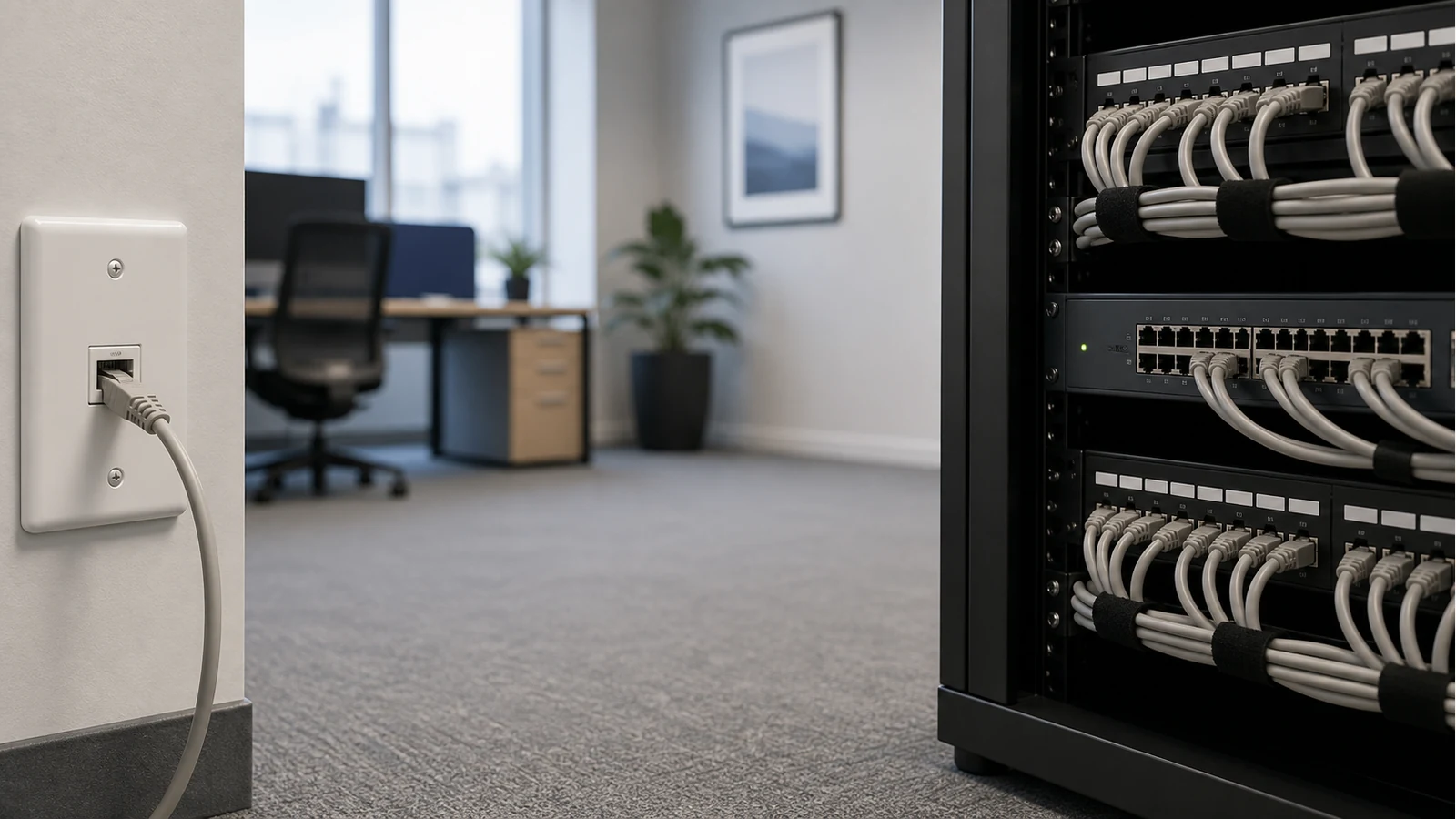 Office IT tracing a Cat6 wall socket to a blinking switch port in a UK network cabinet
