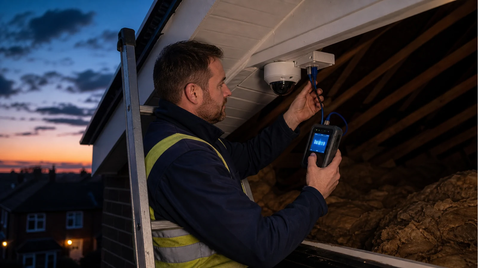CCTV installer checking PoE at a loft camera end with a handheld network tester
