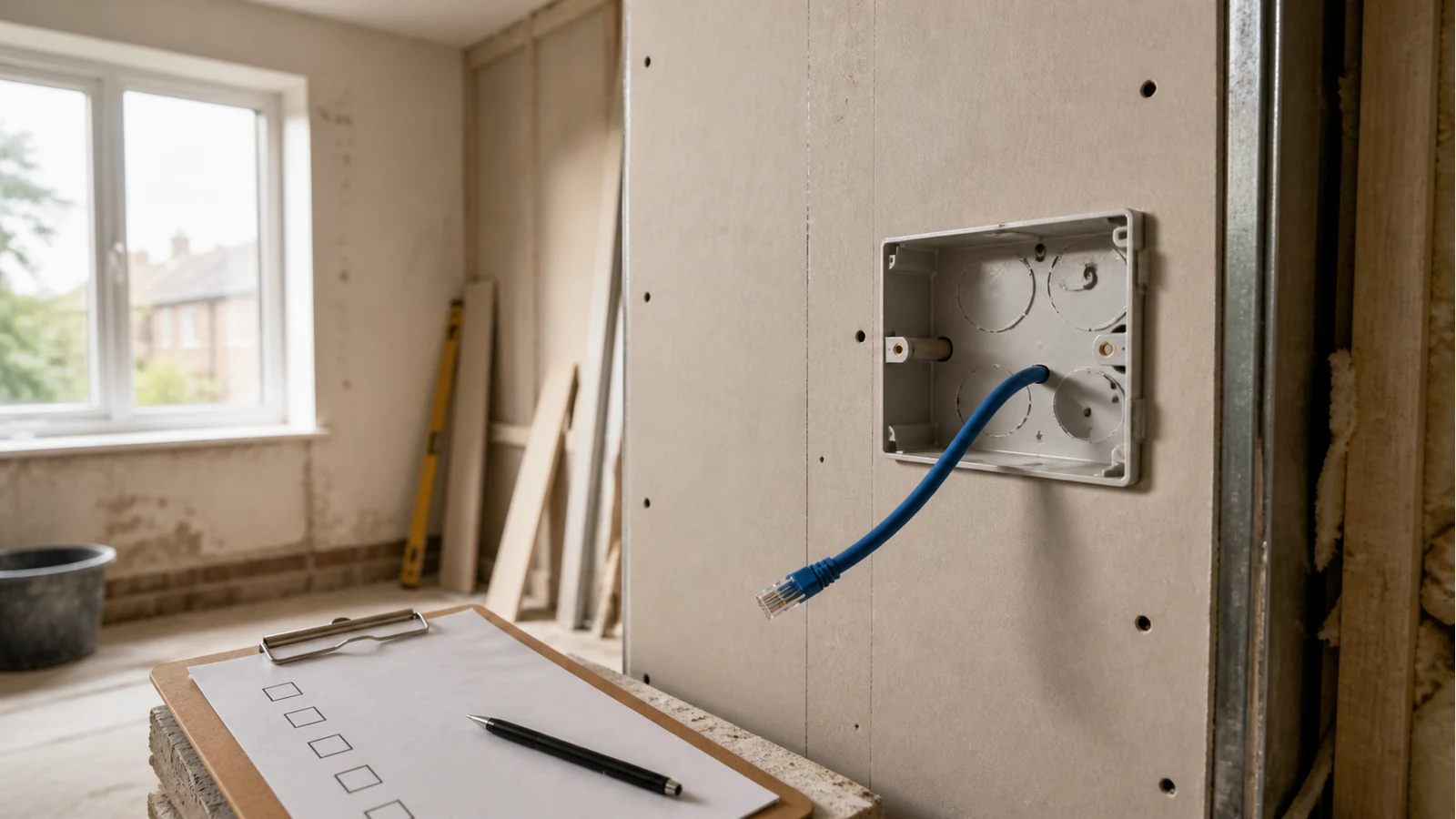 UK home renovation checklist for testing Cat6 drops before plastering wall boards